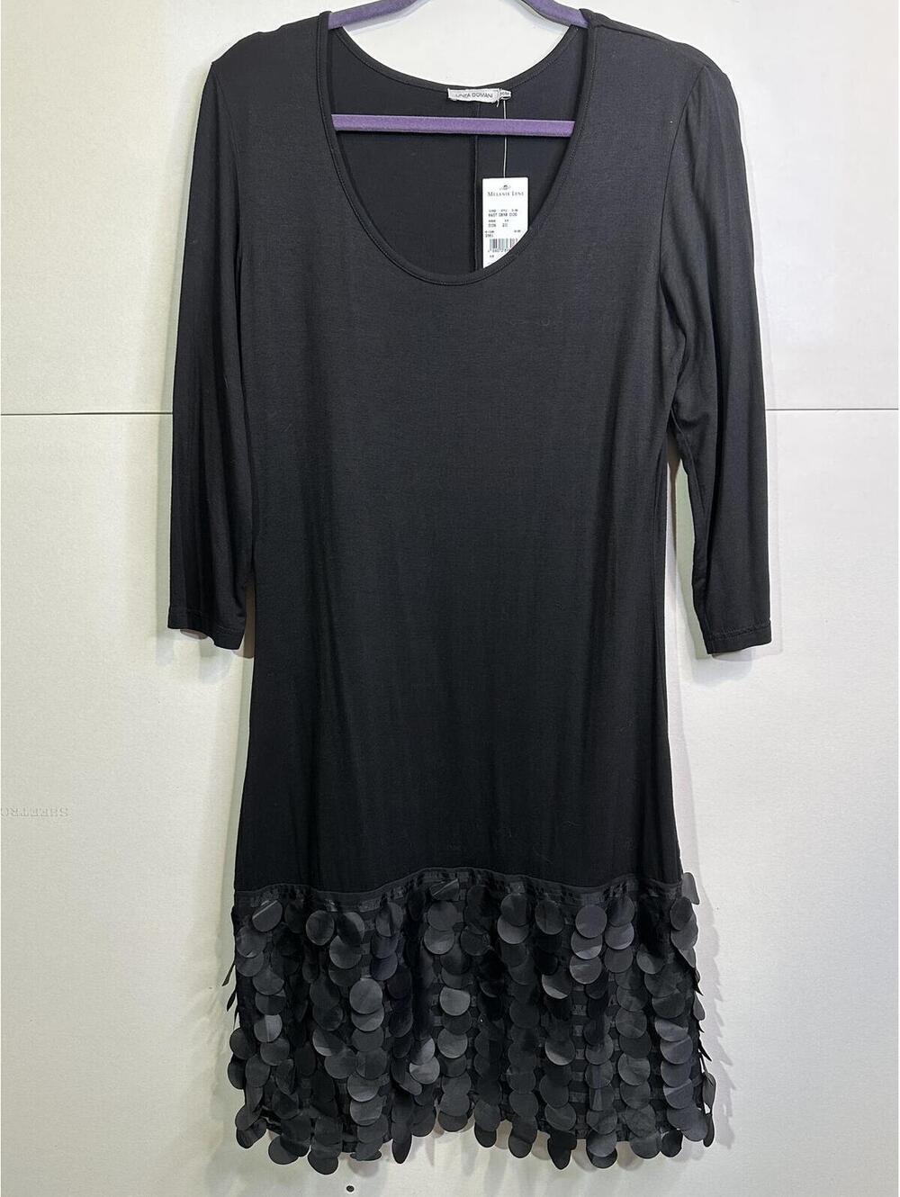 NWT Linea Domani Black Sequin Hem Dress 3/4 Sleeve Stretch Midi M